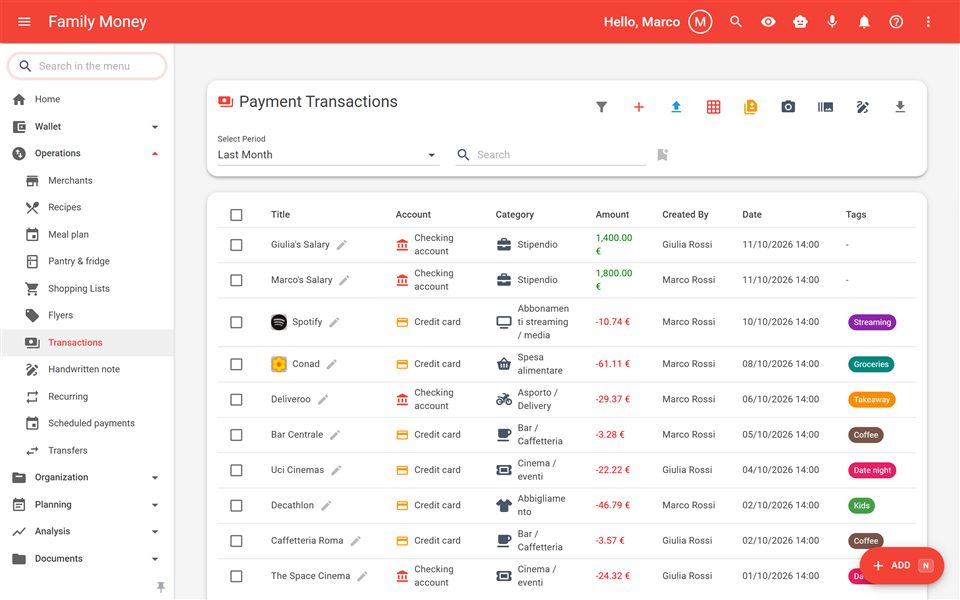 Movimientos con cuentas, categorías y etiquetas de colores